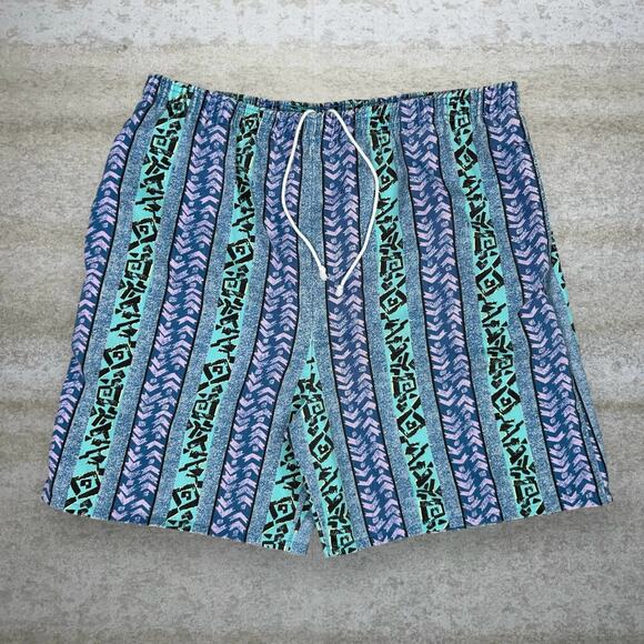 Vintage 90s Surf Style Sweat Shorts Mens L Baggy Wide Leg Blue Cotton Pattern - Picture 1 of 4